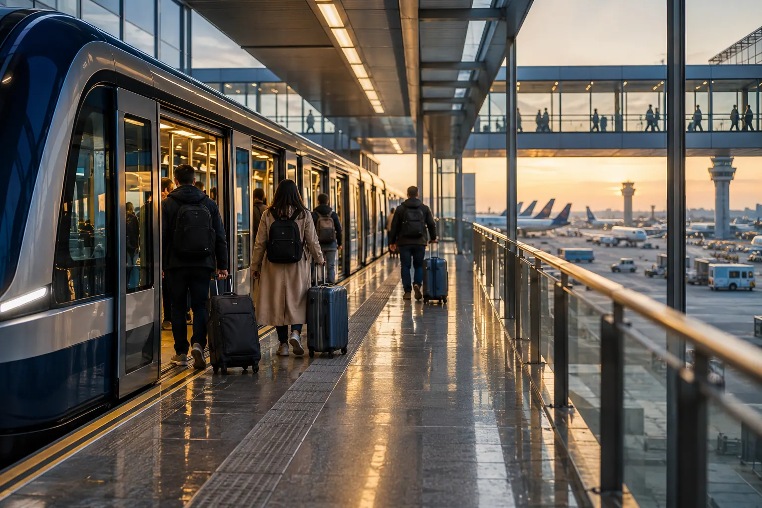 Comboios aeroportuários: da estação à porta de embarque · Ilustração editorial gerada por IA