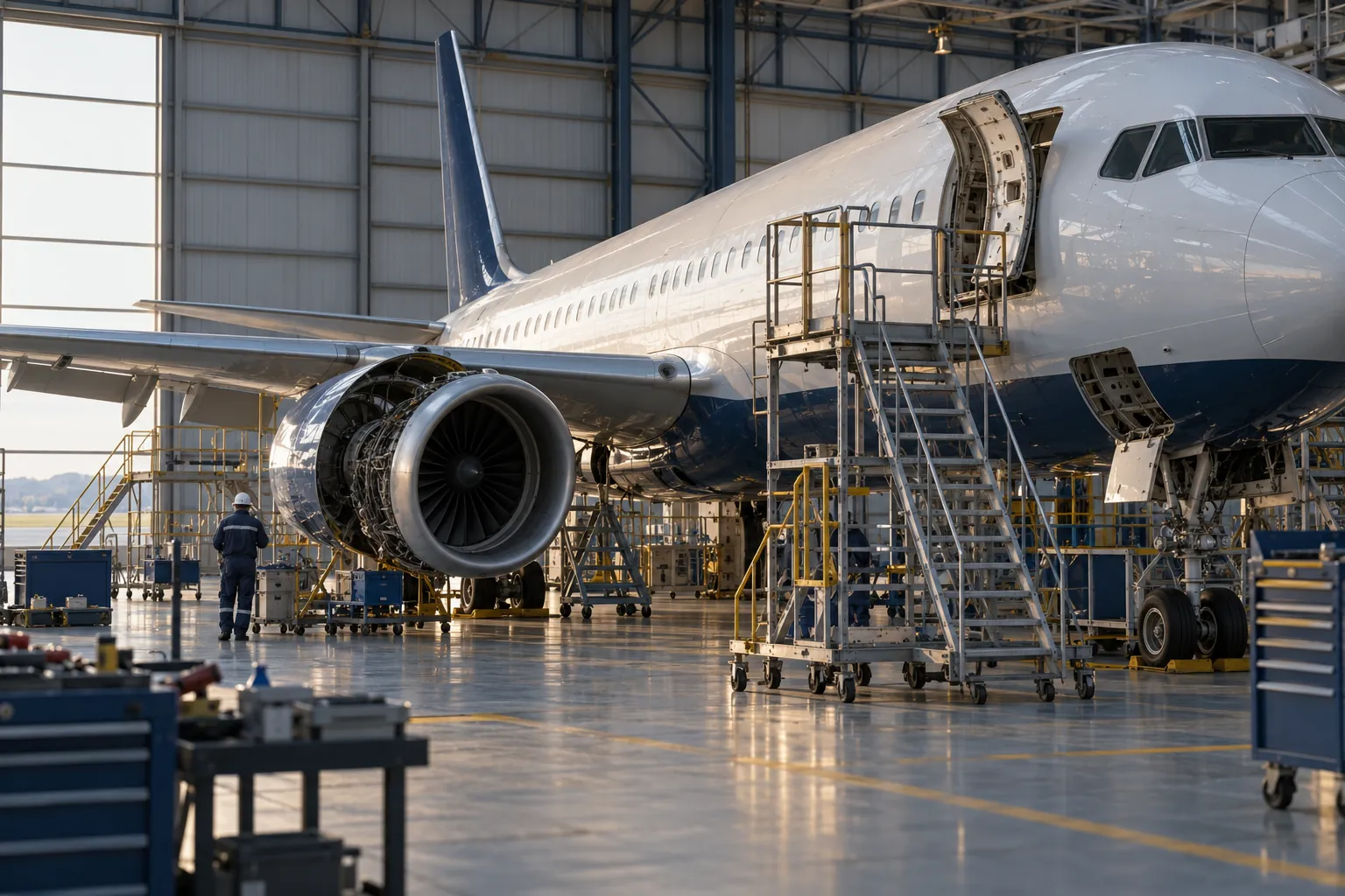 Imaginäres Verkehrsflugzeug im Hangar mit Inspektionsplattformen · KI-generierte redaktionelle Illustration