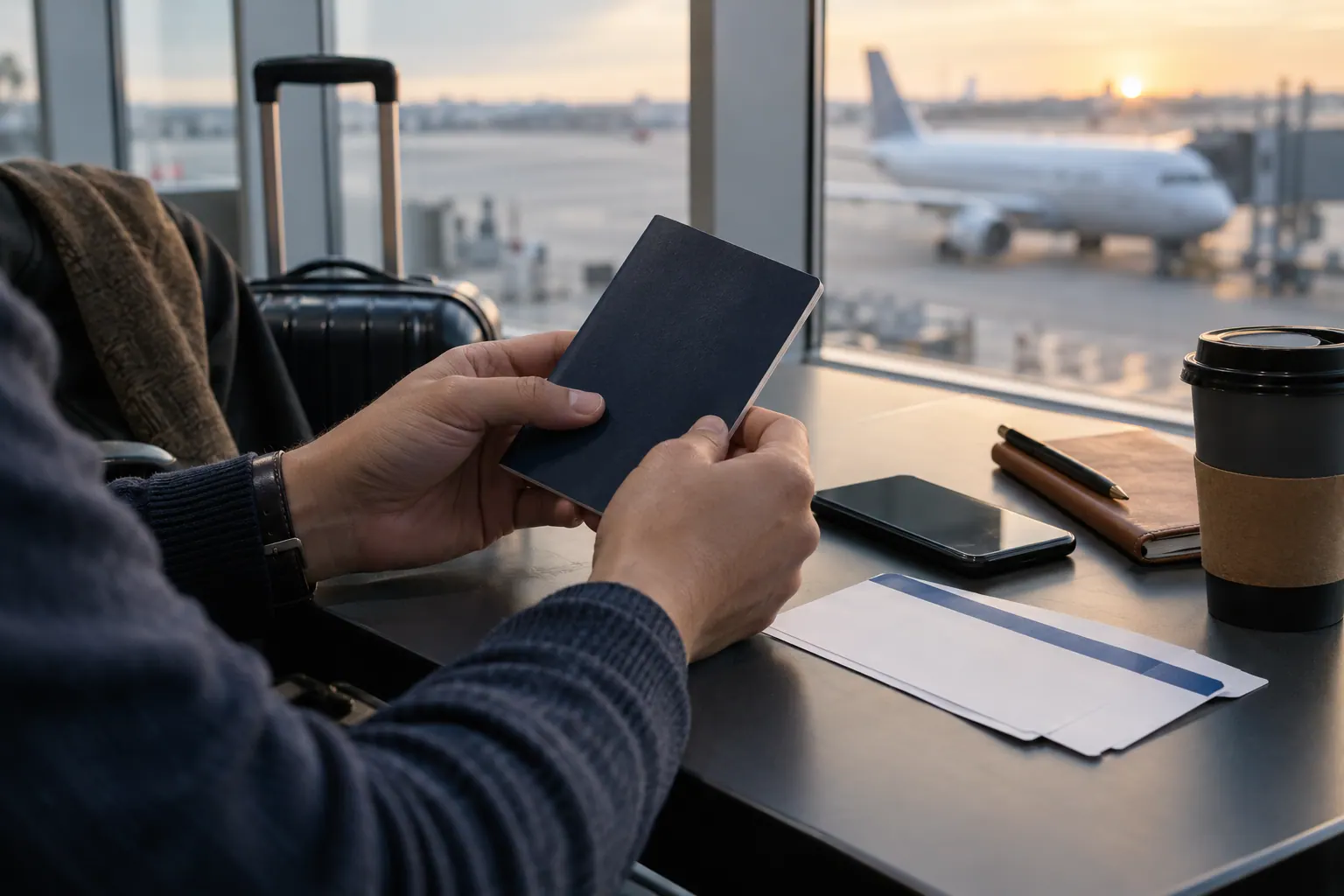 Transito airside o landside: documenti prima di prenotare · Illustrazione editoriale generata con IA